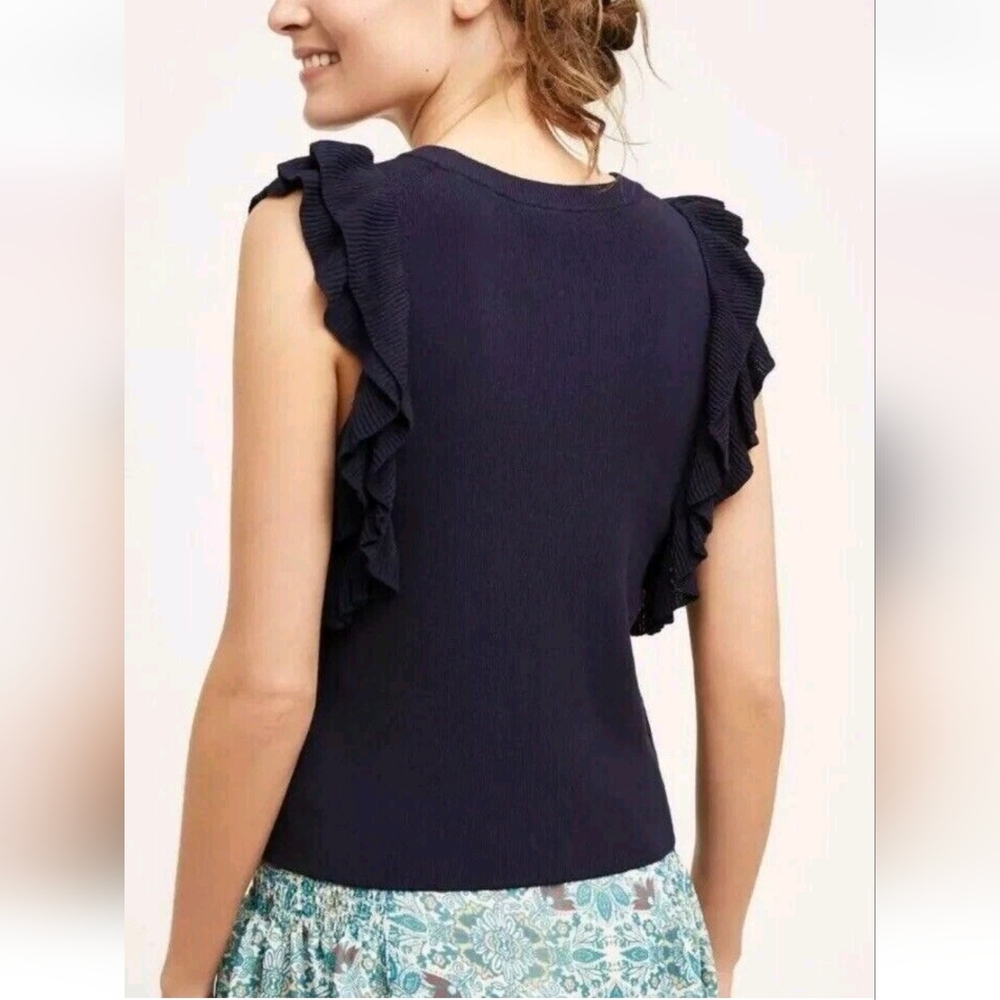 Knitted & Knotted Sweater Navy Blue Ruffle Sleeveless Pullover Size S